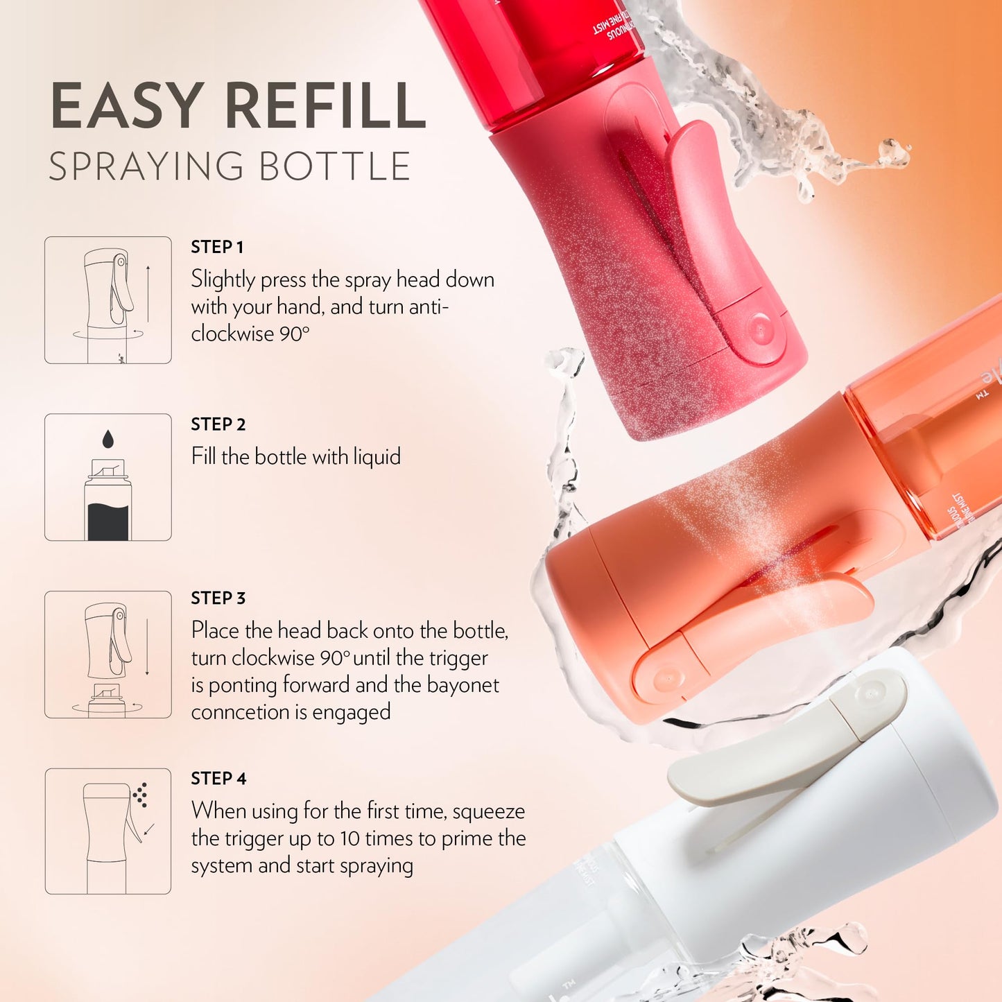 FLAIROSOL MyStyle, Spray Bottle for Hair- 3 Pack Small Travel Spray Bottle, Ultra Fine Continuous Water Mist for Face, Hairstyling, Salon, Cleaning, Beauty, Toners, Hydration & Makeup, 3.04oz / 90ml