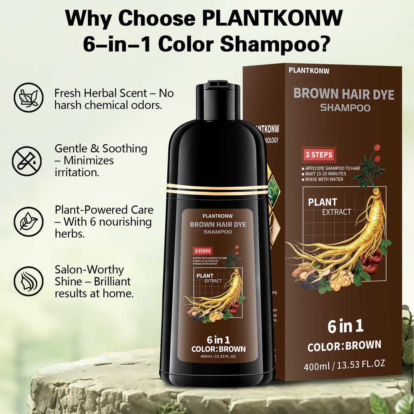 Plantkonw Brown Hair Dye Shampoo, 6 In 1 Semi Permanent Hair Color Shampoo for Gray Coverage, Natural Hair Dye for Women & Men, Ammonia & Paraben Free