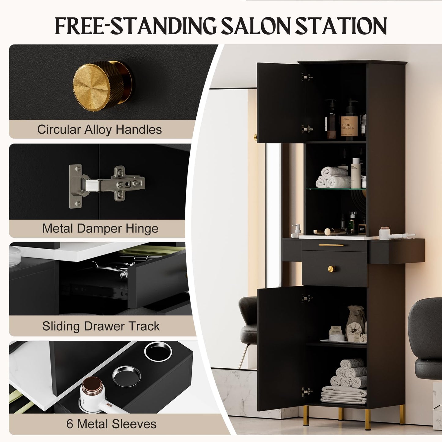 Belandi Salon Stations for Hair Stylist, Barber Station Hair Styling Salon Station, Beauty Salon Furniture with 2 Drawers, Glass Shelf, 2 Storage Cabinet & 6 Hair Dryer Holders for Salon