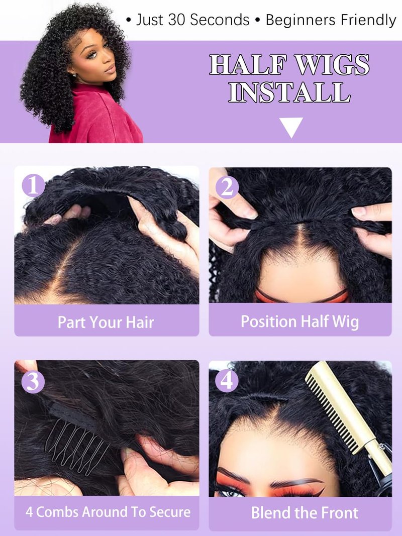 Kinky Curly Half Wig - 20 Inch Human Hair, 200% Density | Glueless 3-in-1 Design for Protective Styling