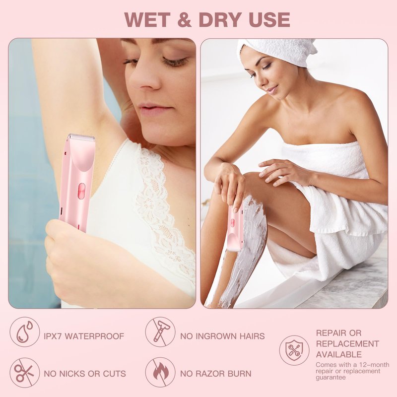 Electric Bikini Trimmer for Women - Gentle Trimming Facial Hair Removal, IPX7 Waterproof, Dual Head, USB Charge, Ceramic Blade, Pink