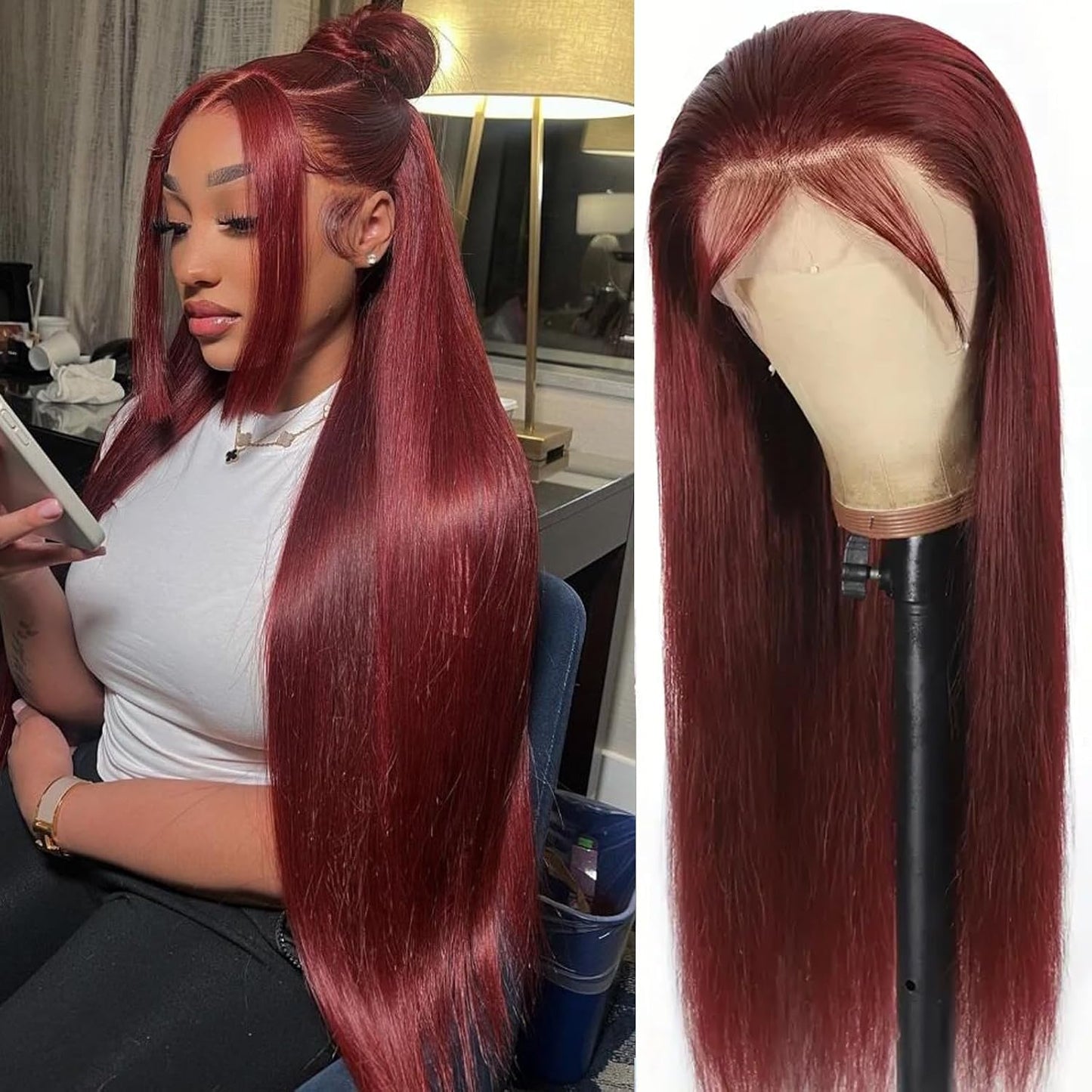 32-Inch Water Wave Red Human Hair Wig - 99J Burgundy Lace Front | Deep Wave 13x6 HD Curly Wig for Women