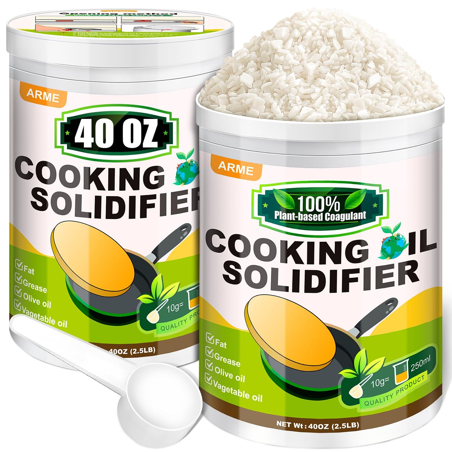Arme Oil Solidifier, 40 Oz(2.5Lb) Cooking Oil Solidifier for Disposal(Disposal Up to 7.4 Gallons/113Cups), 100% Plant-Based Grease Solidifying Powder, Fat Hardener for Disposal Kitchen&Restaurant Use