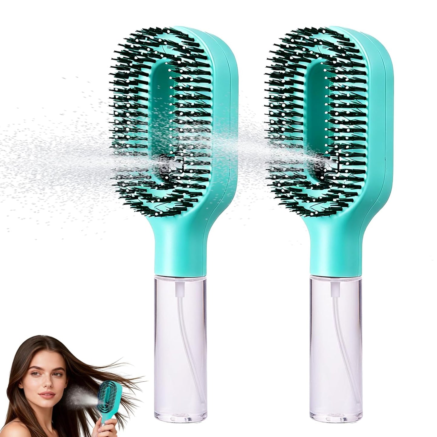 Hair Brush with Water Spray - 2-in-1 Detangling Tool for Frizz Control | Portable Mist Comb for Thick, Curly & Fine Hair - Green