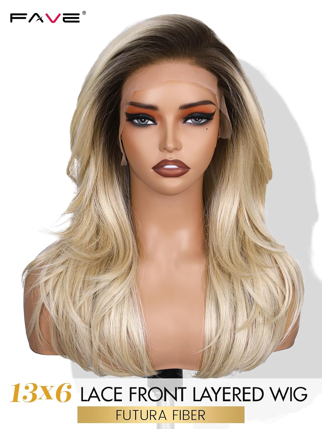 13x6 Synthetic Lace Front Wig - 18 Inch Blonde Layered Glueless Design | Pre-Plucked Hairline, Natural Density, Ombre Ash Blonde