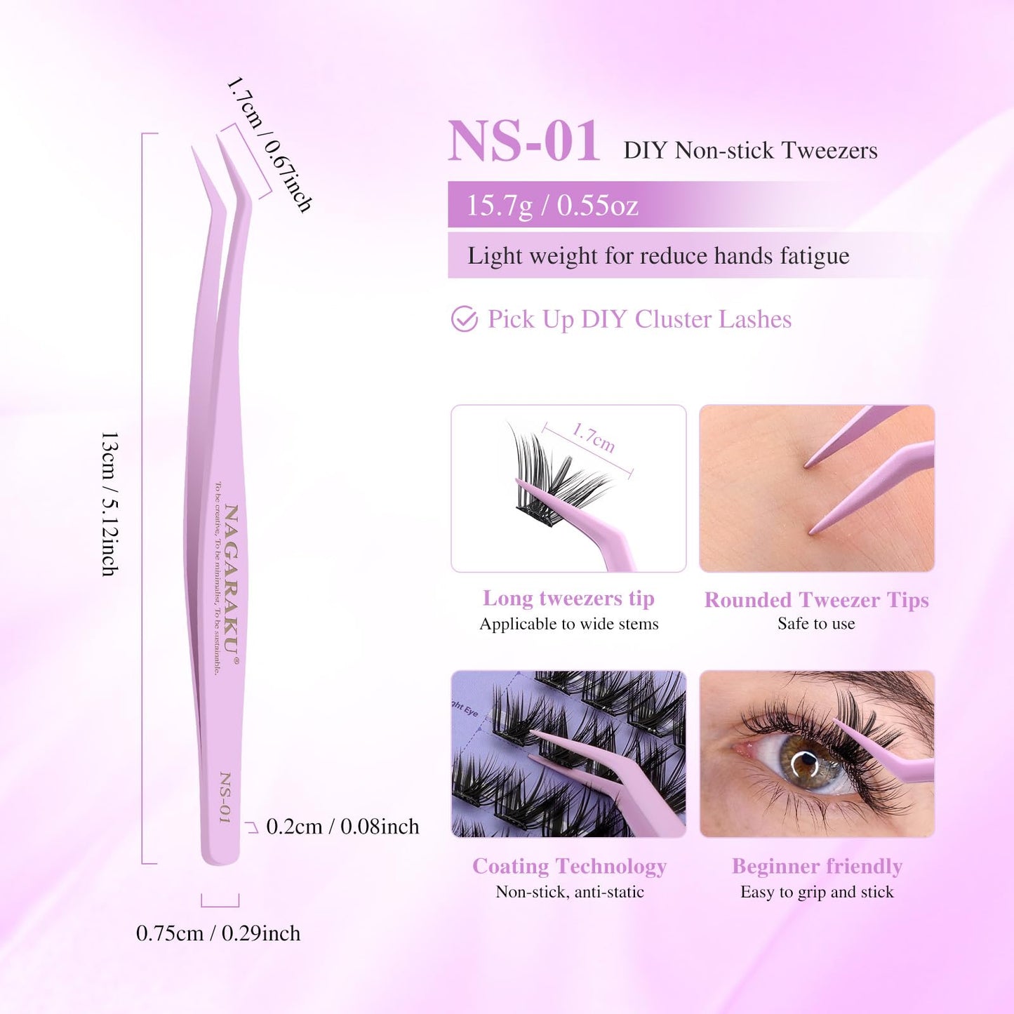 NAGARAKU DIY Cluster Lashes Tweezers, NS-01 Non-stick DIY Tweezer Eyelash Applicator Nano Anti-Stick Coating Precision Pinzas Light Ergonomic for Flawless DIY Lash Extensions Makeup