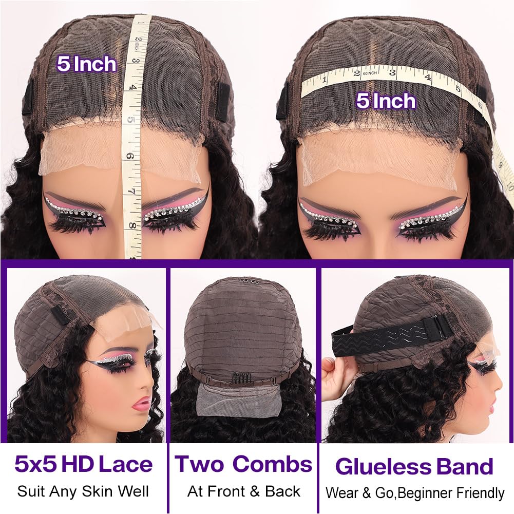 omswet Curly BOB Wig Human Hair 200 Density 5x5 HD Lace Closure Deep Wave Wigs for Black Women Glueless Wear and Go Pre Plucked Deep Wave Wet and Wavy Glueless Wigs Human Hair Natural Black 14 Inch