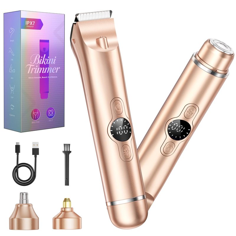 Bikini Trimmer for Women, 4 in 1 Electric Razors for Women - Dual Head, Wet & Dry Use Pubic Body Hair Trimmer Electric Shavers, Rechargeable Womens Facial Razors for Legs, Nose, Armpits, Bikini Area