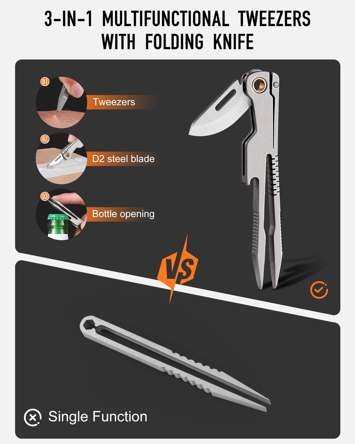LIAOVEN Titanium EDC Tweezers Tool for Men, Precision Tweezers with Knife Survival Camping Outdoor Travel Garden Plant Splinter Craft Mini Tweezer Tool for Father Gifts