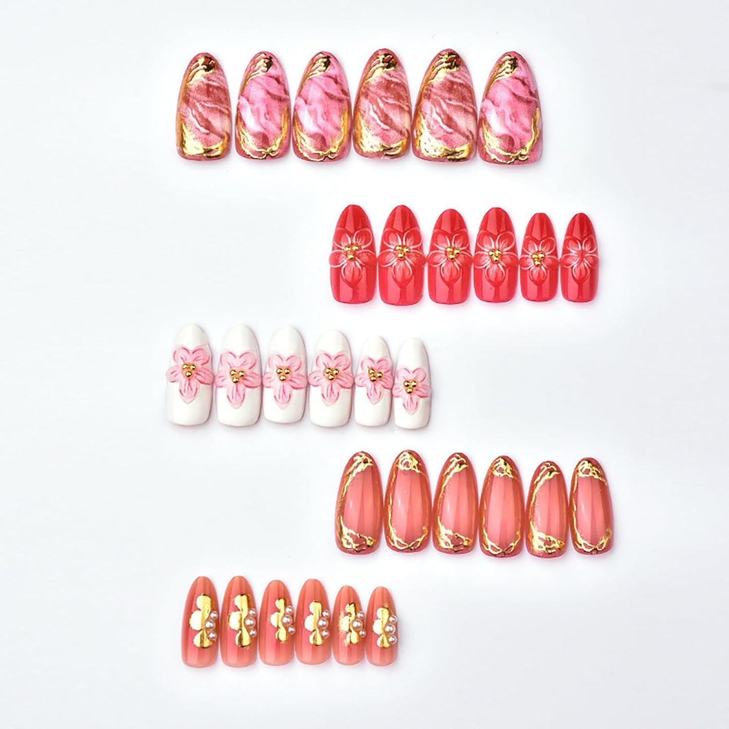 30Pcs Pink Flower Press-On Nails - Handmade Almond Acrylic Nails with 3D Floral Design | Spring/Summer Style