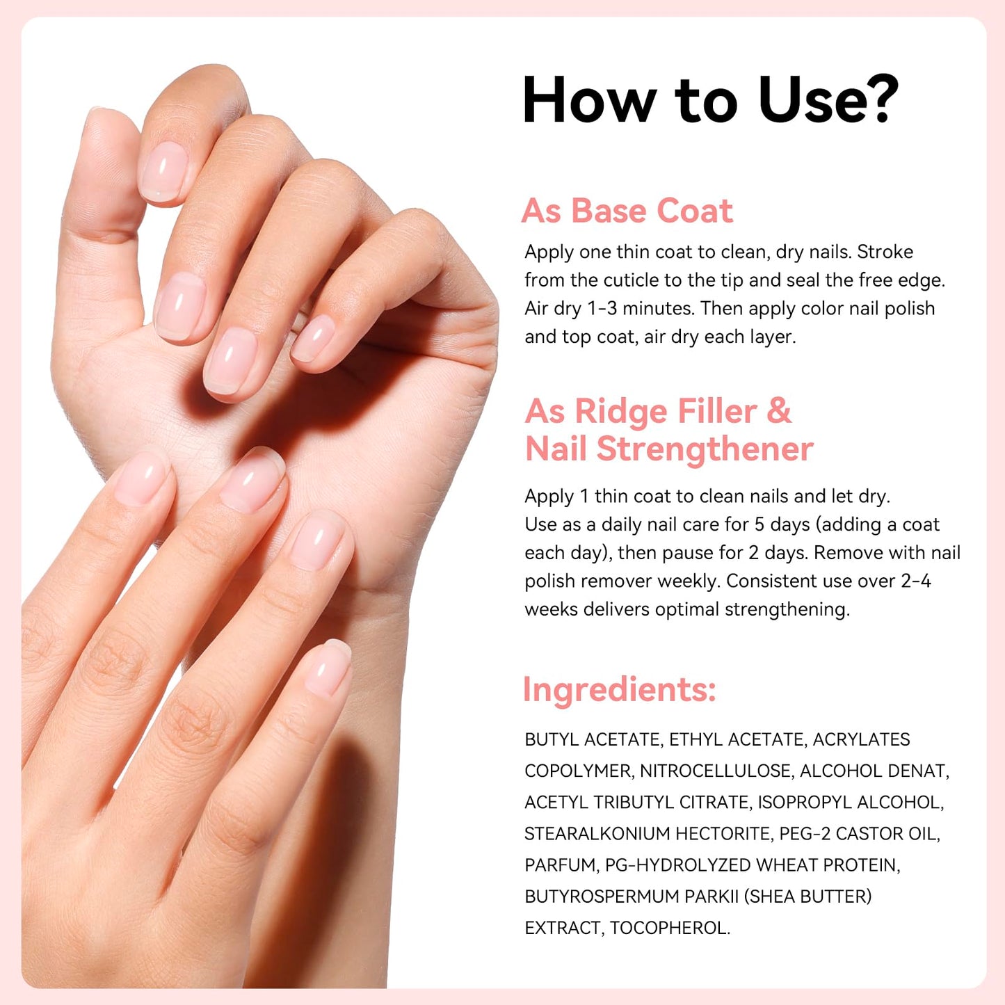 Nailshion Ridge Filler Base Coat 3-in-1 Nail Strengthener Growth for Damaged Uneven Nails & Ridges, Nourish VE & Protein-Fortifying Leveling Base for Smooth, Flawless Polish | Vegan Cruelty Free