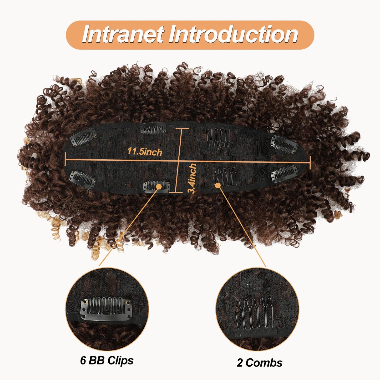 Mohawk Wig Kinky Curly Dark Brown Ponytail Extension with Bangs,Short Curly Synthetic Clip in Mohawk Ponytails with Six Clips and Two Combs Fluffy Natural Hair for Daily and Party Use 33#