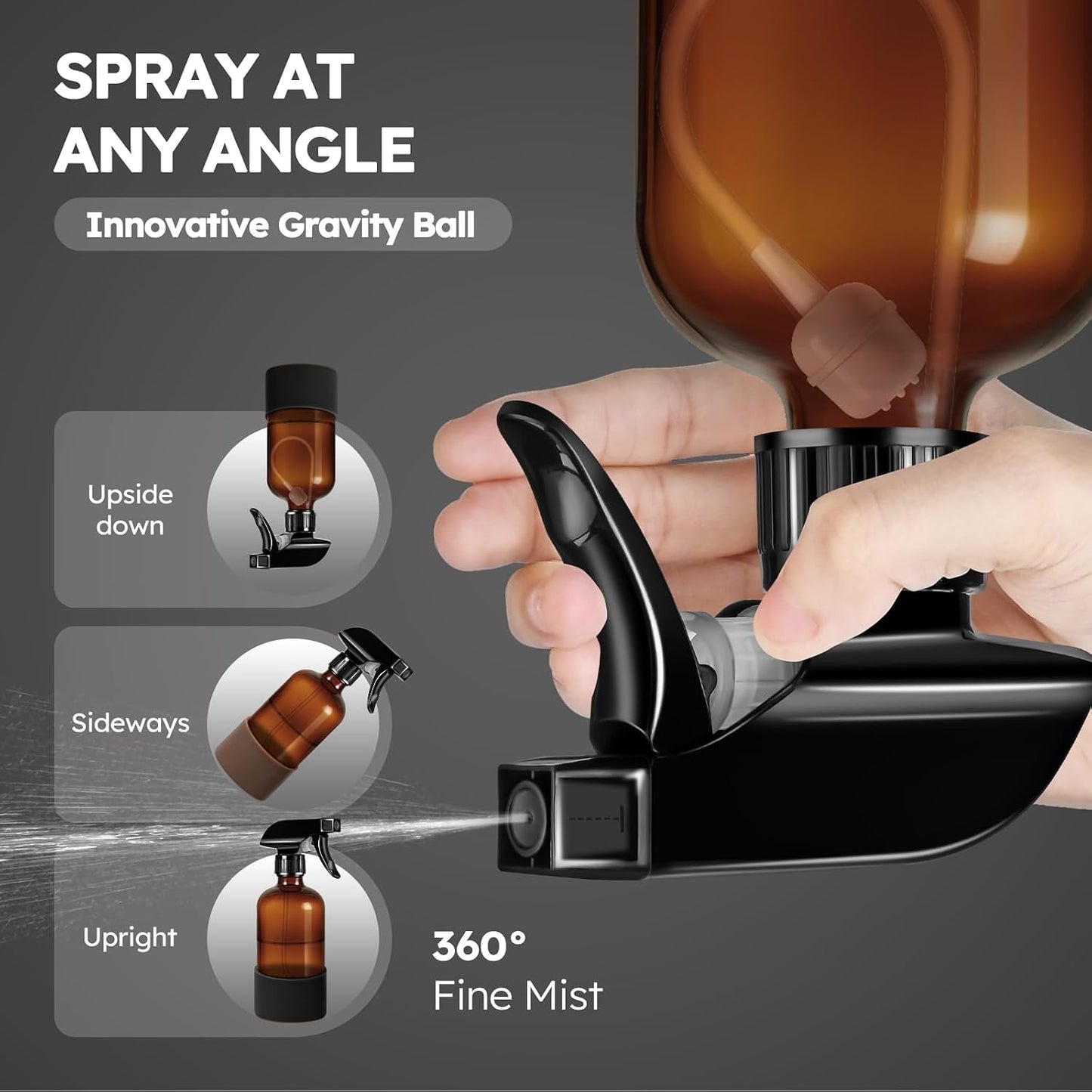 **360° Amber Glass Spray Bottles - 16 oz Refillable Containers with Adjustable Nozzles | 2 Pack in Black & Brown**