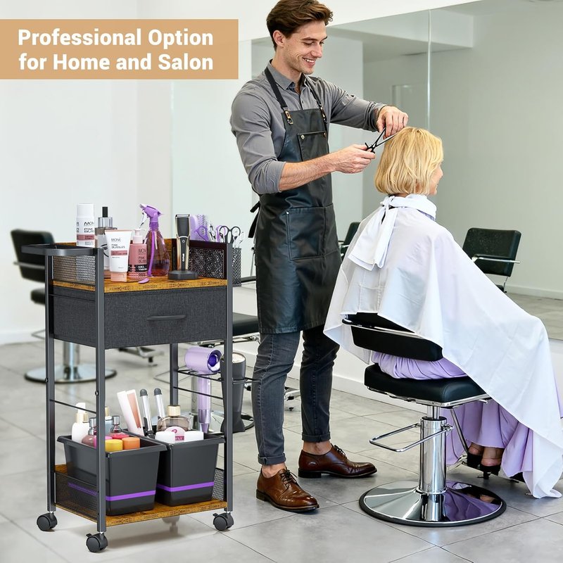 Mobile Hair Stylist Station - Salon Trolley Cart with Wheels, Metal Tool Holder & Fabric Drawer | Black
