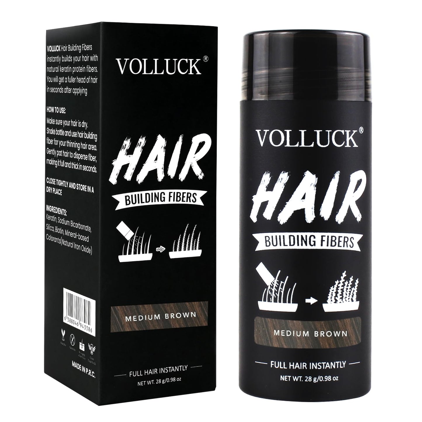 VOLLUCK Hair Fibers for Thinning Hair, Instant Coverage Hair Building Fibers for Women and men, Natural Hair Powder for Conceal Hair Loss 28 g (Medium Brown)
