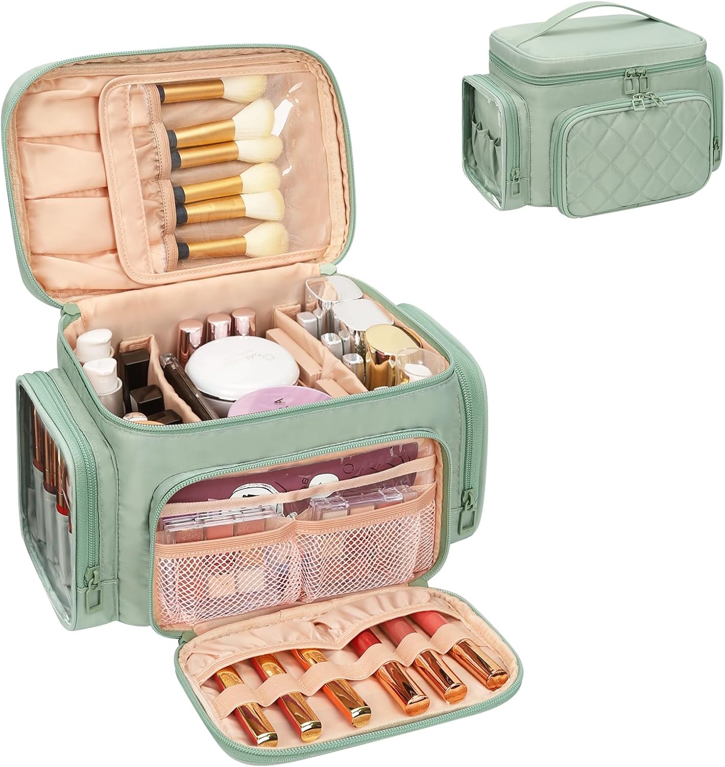 Large Makeup Bag Organizer for Women - Portable Travel Cosmetic Bag with Brush Compartment & Side Pockets | Black