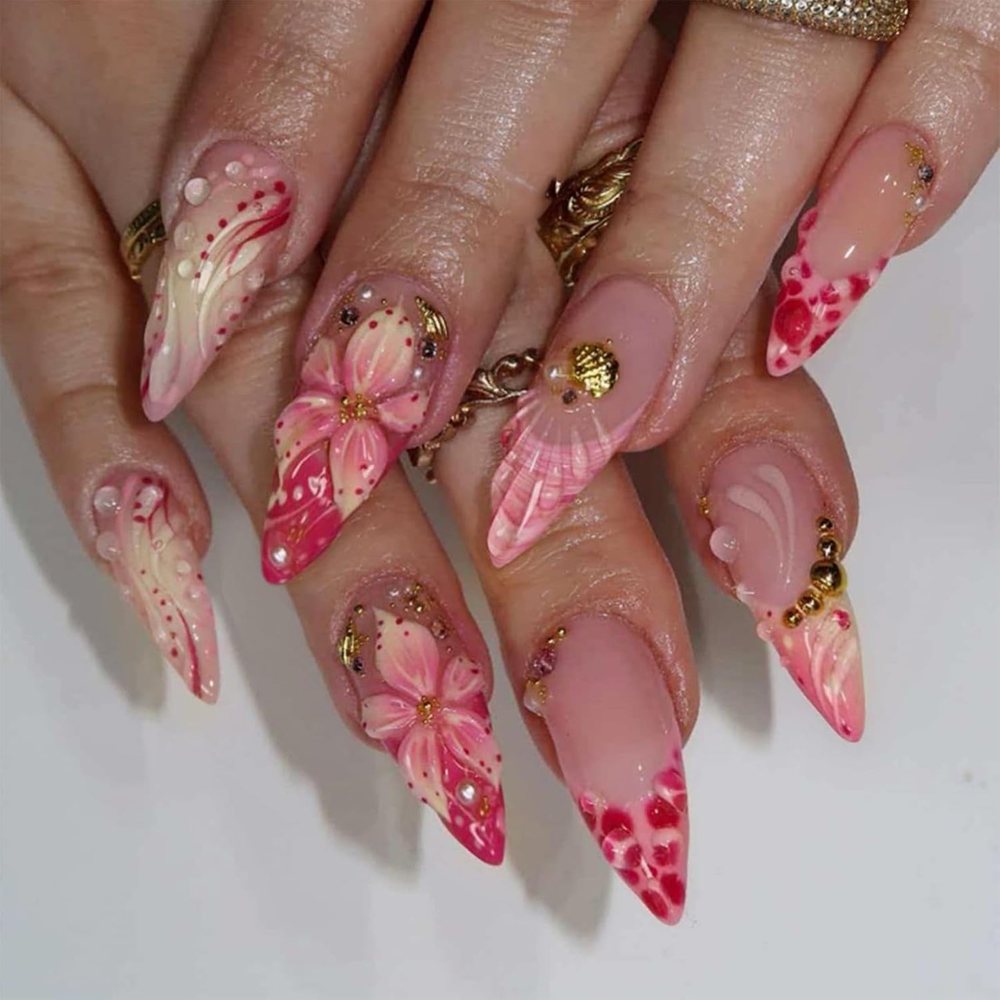 Short Square Press-On Nails - 24 Pcs French Tip with 3D Flower & Star Rhinestones | Full Cover Acrylic, Reusable