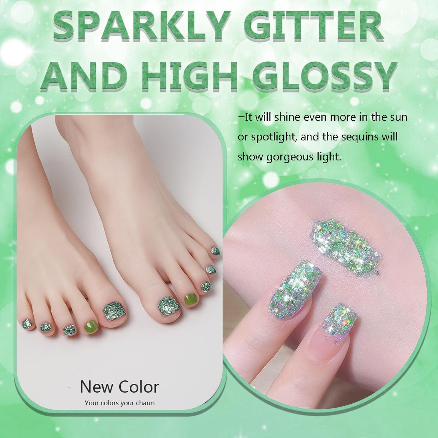 NovaCharm Green Glitter Nail Polish -10ML Holographic Nail Varnish - Rainbow Nail Gel Glitter - Iridescent Sparkle Nail Paint Gel - Quick Dry Nail Lacquer Shimmer Effect DIY Nail Art