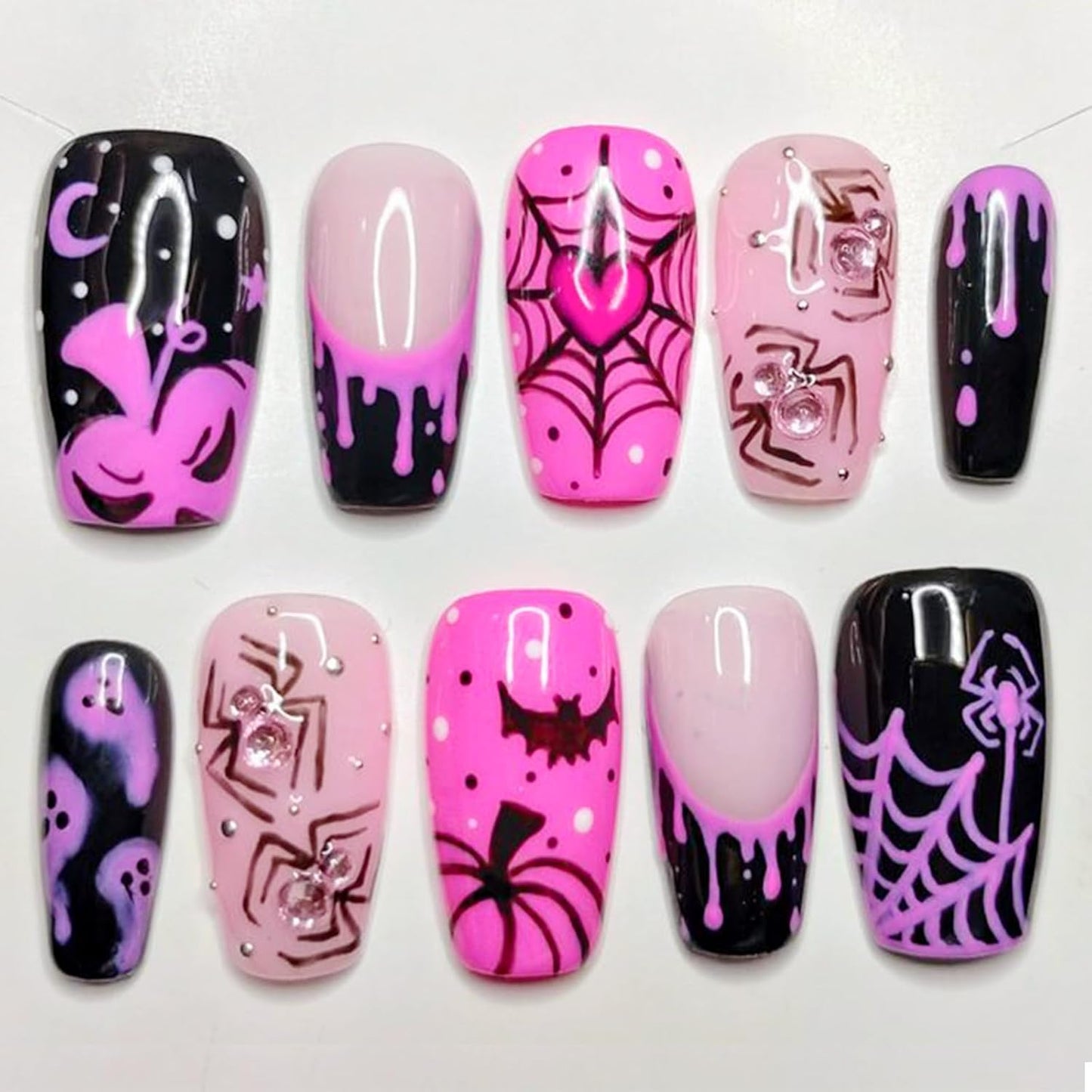 French Tip Press-On Nails - 24 Pcs Medium Almond 3D Flower Design | Glossy Acrylic Full Cover with Gold Pearl Accents