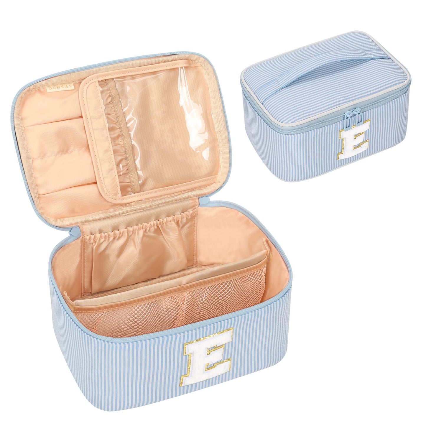 OCHEAL Makeup Bag for Women, Monogram Cosmetic Bag Blue Travel Makeup Case Beauty Toiletry Bag Organizer Personalized Gifts for Girls Bridesmaid, Sister, Wife, Friends Initial E