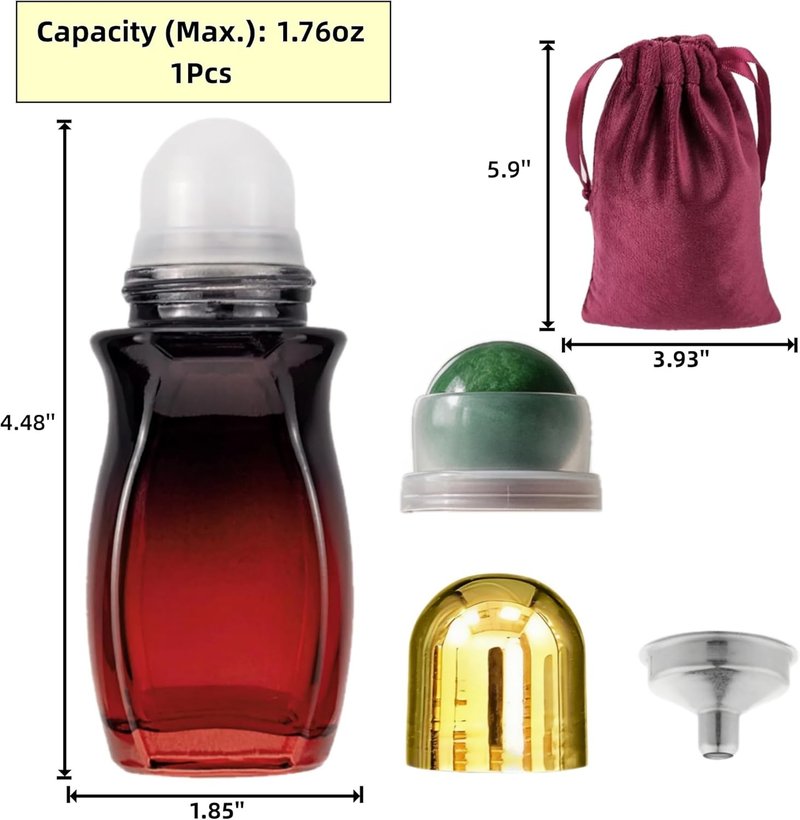 Rose Quartz Roller Bottle - 50ml Refillable Amber Glass Container | Leak-Proof Design with Green Pearl Rollerball