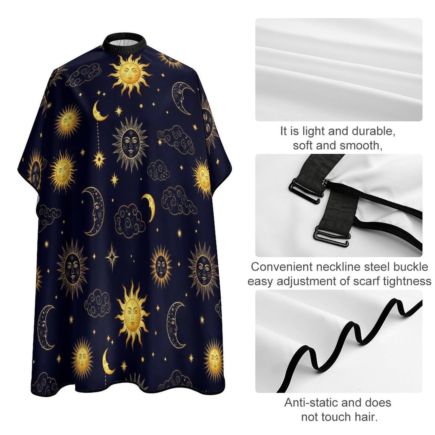 Fashion Salon Barber Cape Professional Hair Cutting Cape with Adjustable Snap Closure Sun Moon Boho Astrology