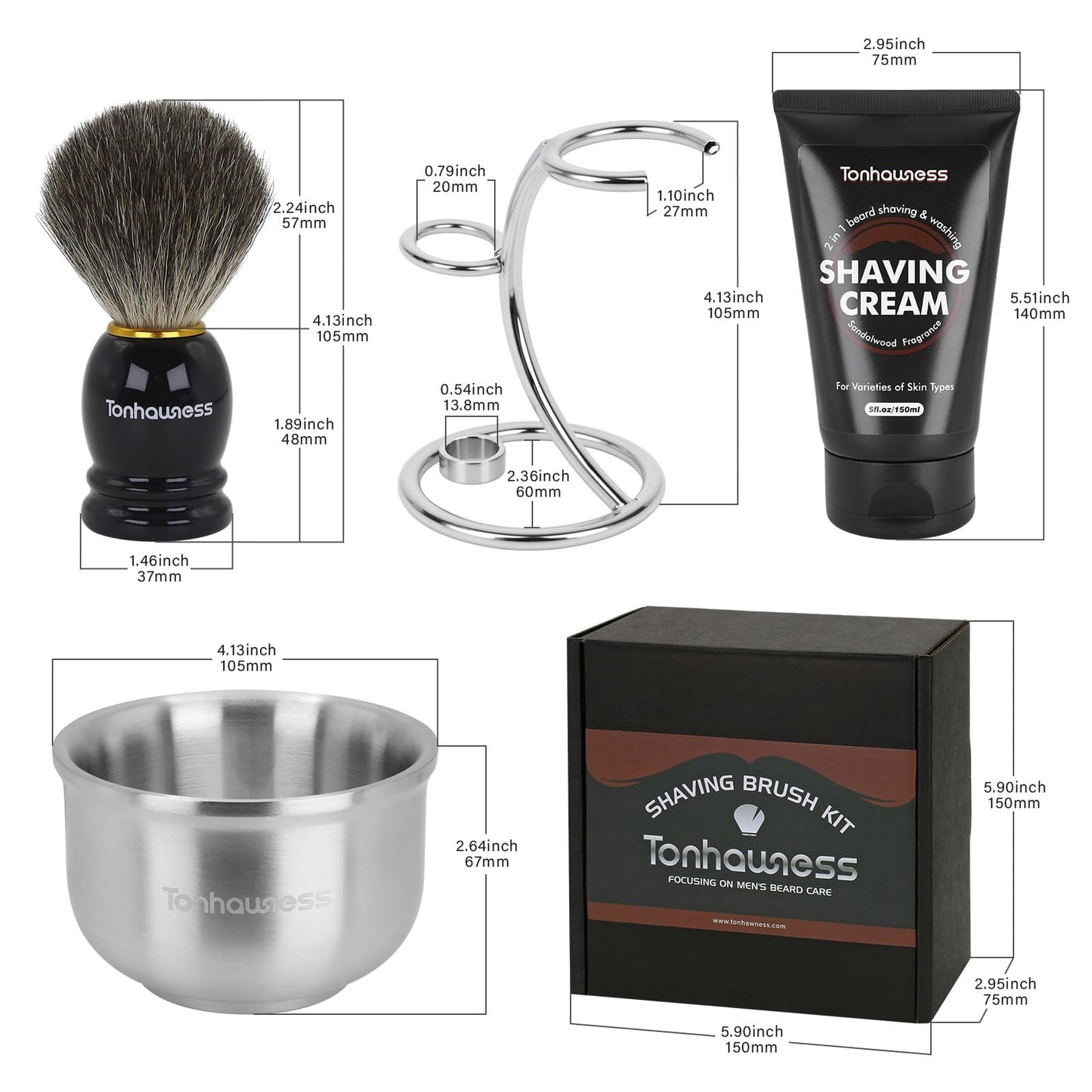 Shaving Brushes Kit For Men, 4 In 1 Shaving Brush Set Includes Badger Hair Shaving Brush, Sandalwood Shaving Cream, Stainless Steel Shaving Bowl and Stand
