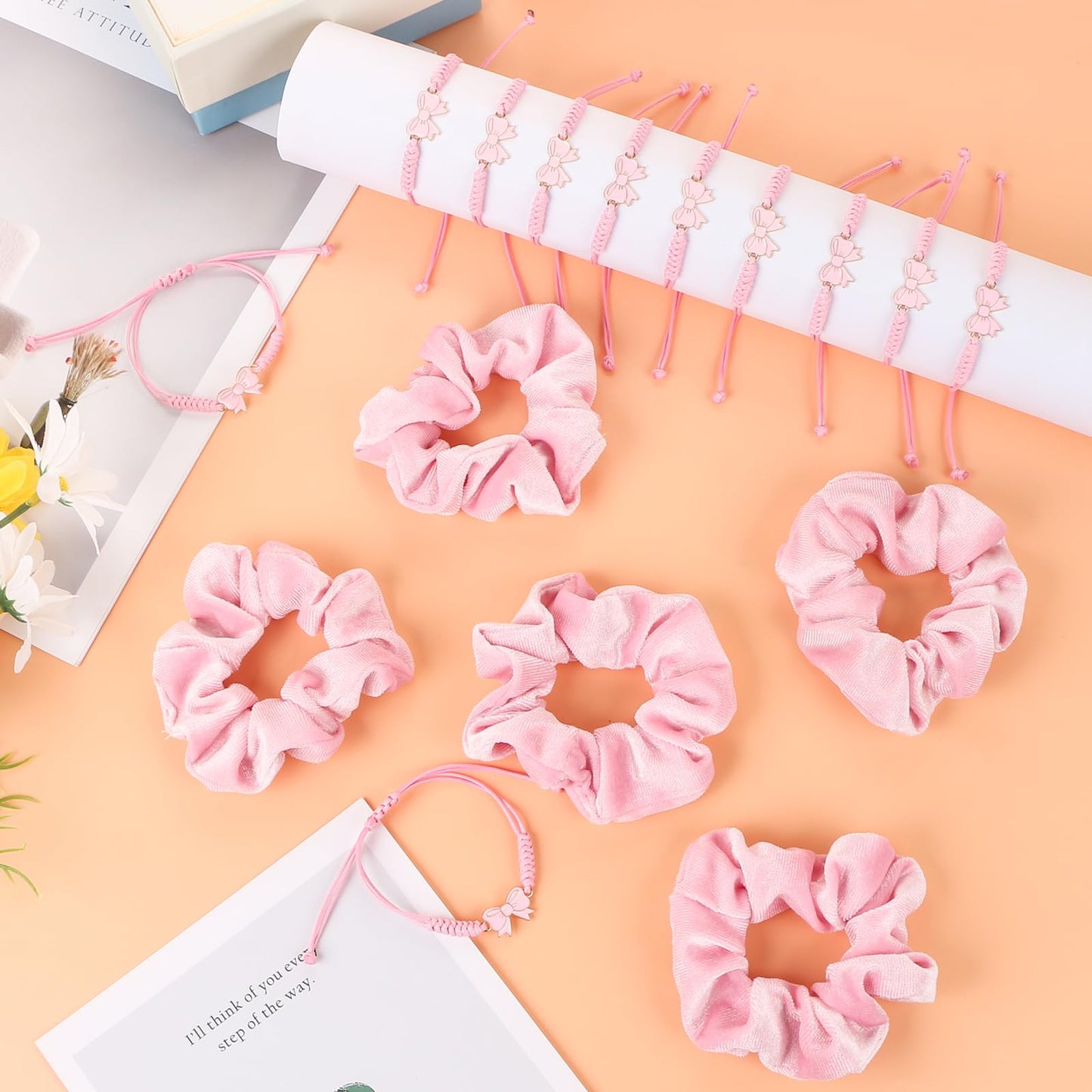BRIOYHA Coquette Party Favors Set,12 Pink Hair Scrunchies with 12 Bow Bracelets, 24Pcs Pink Coquette Accessories for Girls Birthdays, Sleepovers, Bachelorette & Cheerleading Teams