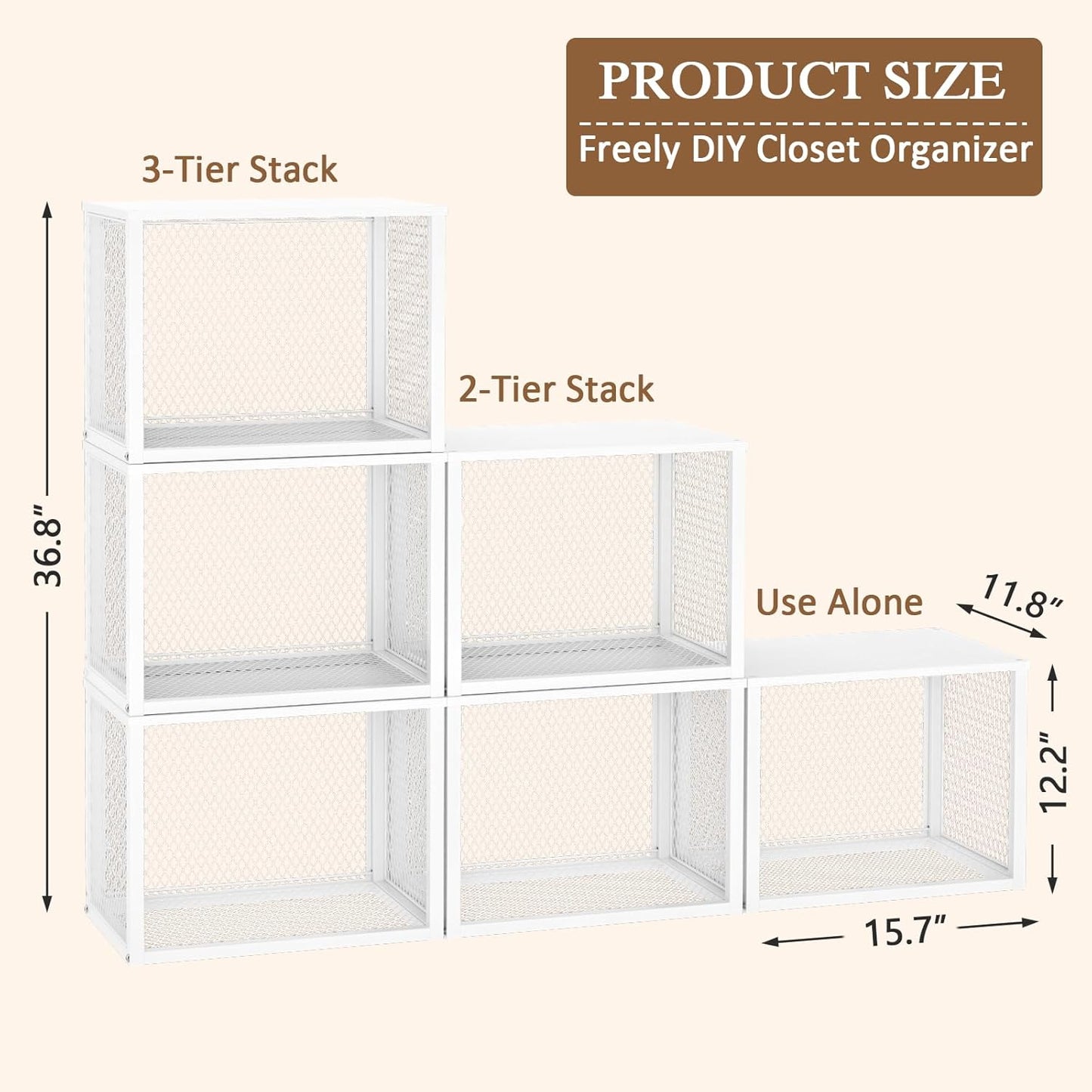 Stackable Closet Organizers - 3 Pack Storage Baskets with Wood Top | Multifunctional Clothes Organizer for Wardrobe, Kitchen, Laundry Room - White