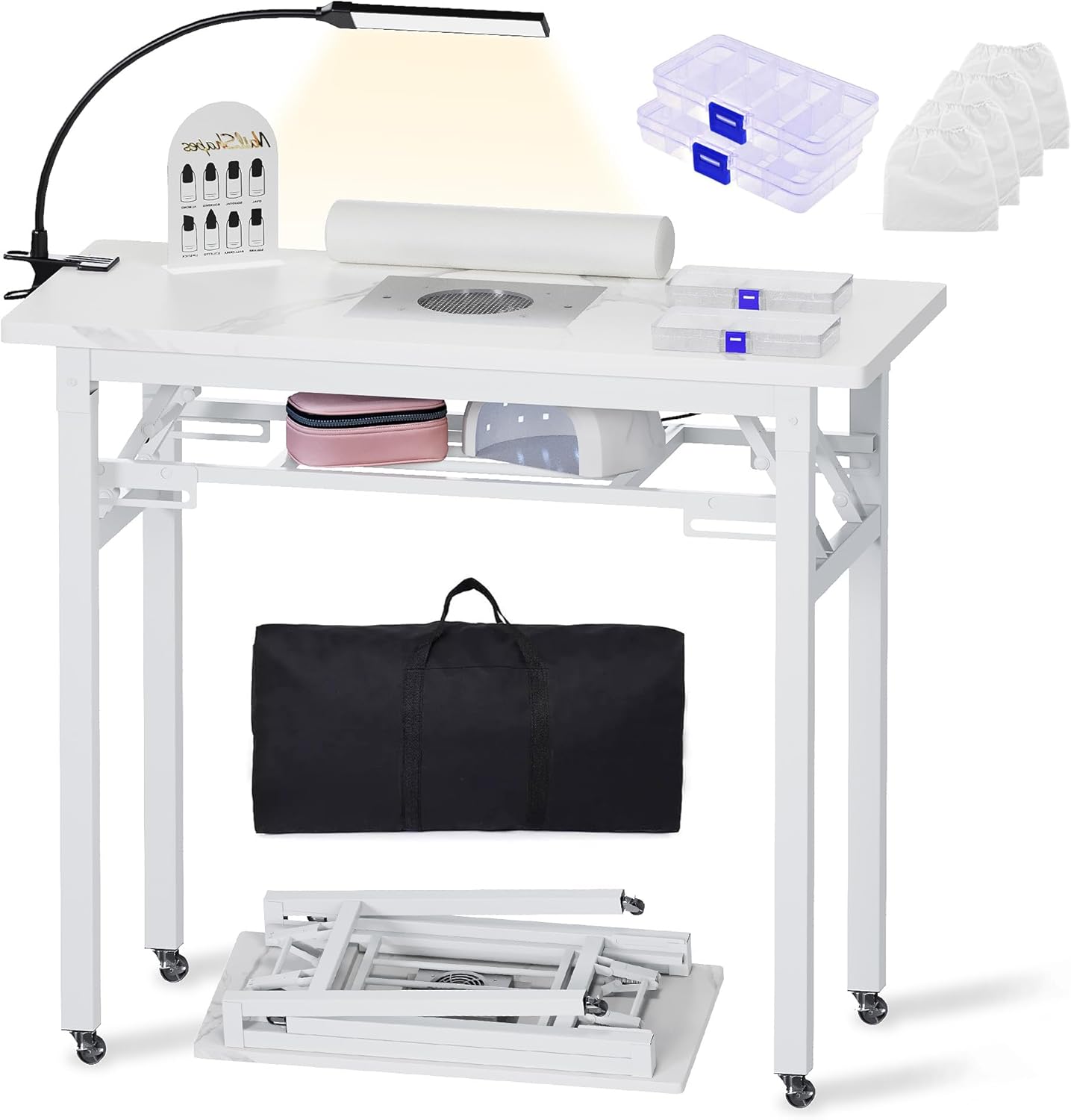 Portable Foldable Manicure Table - Rolling Nail Tech Desk with Dust Collector & LED Light | Marble White, Carrying Case