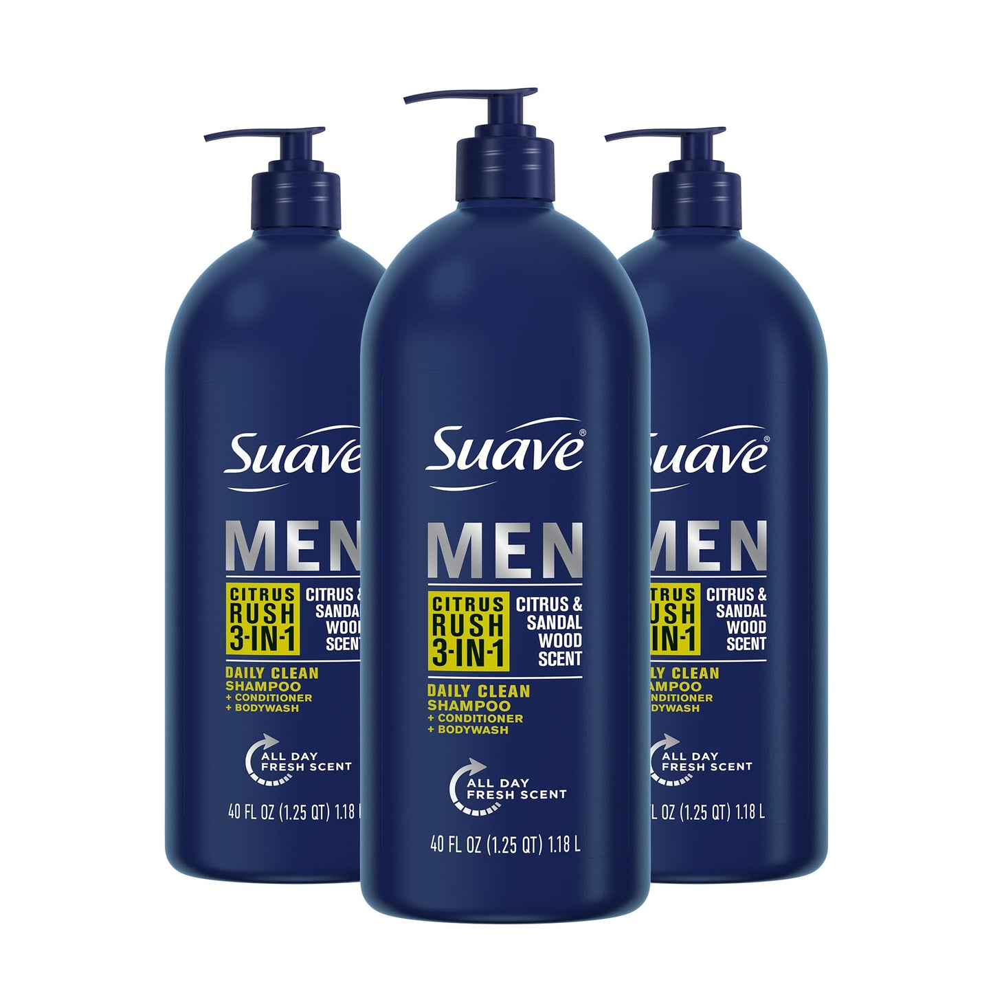 Suave Shampoo Conditioner Bodywash Men 3 in 1 Citrus & Sandal Wood to Cleanse and Nourish Hair and Skin, 40 oz Pack of 3