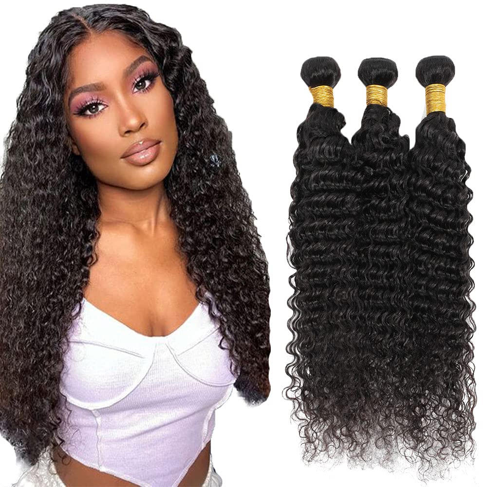 22 22 22 Inch #1B Deep Wave Bundles Human Hair 3 Bundles 50 Grams Per Bundle 10A Grade Unprocessed Brazilian Virgin Hair Natural Black Deep Wave Bundle Weaves Extensions