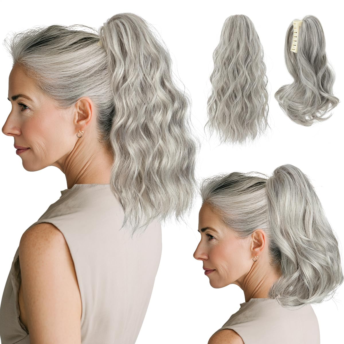Ponytail Extensions - Wavy Curly Claw Clip Hairpieces for Women | 12" & 14" Beige Multi Set