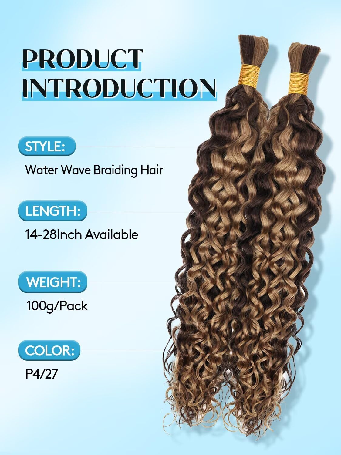 100% Unprocessed Human Hair for Braiding, #4/27 Brown with Honey Blonde Highlights Pre-Separated Curly Bulk Hair, 12A Grade Water Boho Braiding Hair Extensions, Real Human Hair,16 Inch 100g 2 Bundles