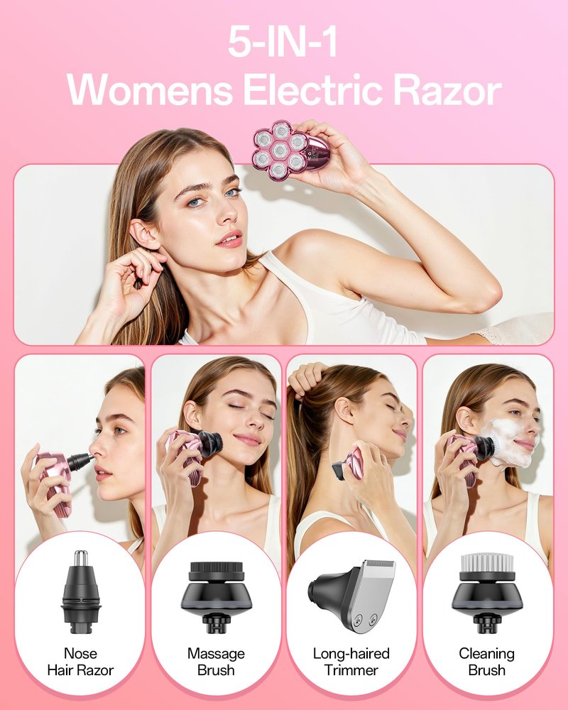 5-in-1 Electric Razors for Women, 7D Magnetic Heads Full Body Shaver, Waterproof Wet Dry Hair Remover with LED Display, Rechargeable Bikini Trimmer for Underarms, Face, Legs, Lips, Arms (Pink)