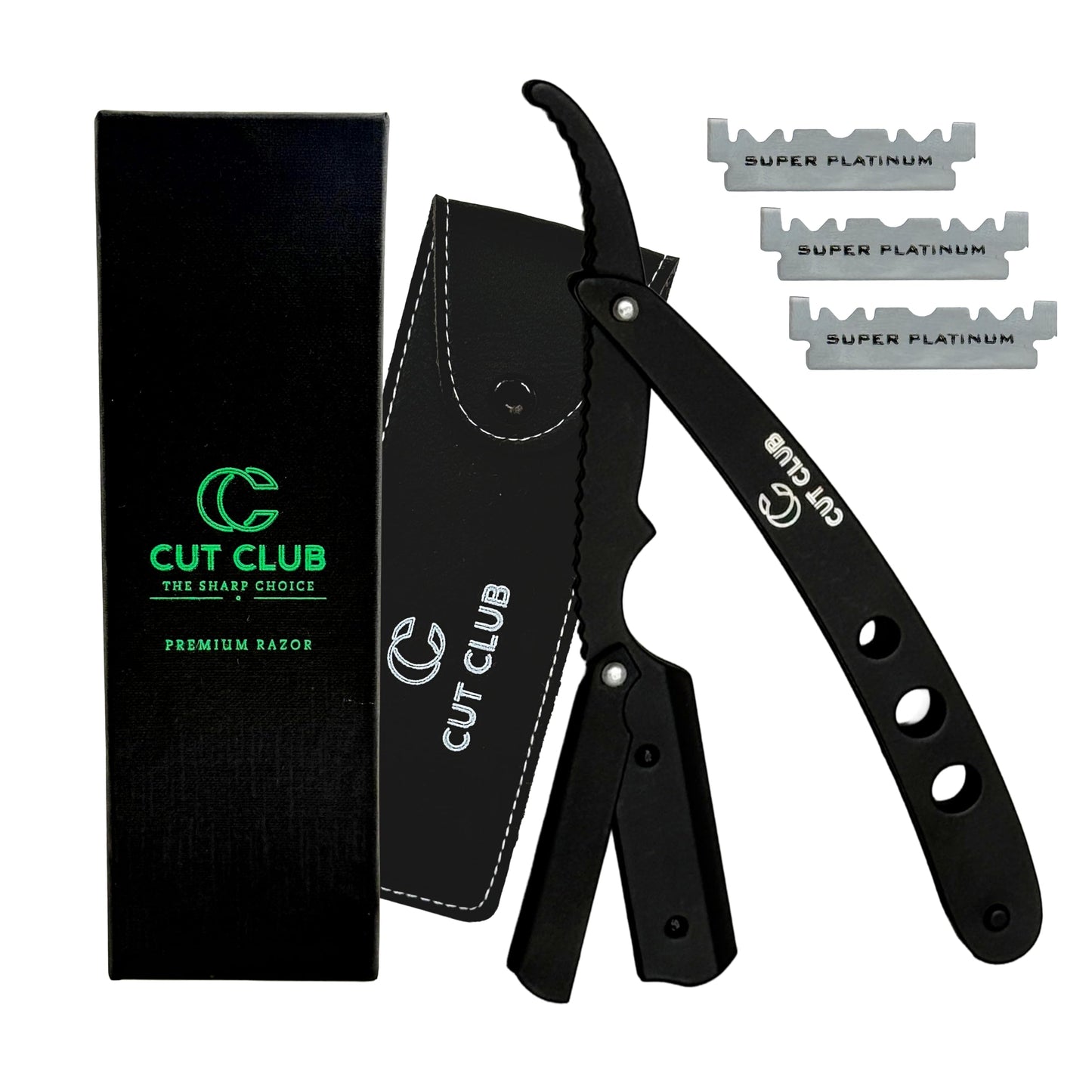 Cut Club® Professional Straight Razor for Men – Stainless Steel Barber Straight Edge Razor Kit with 10 Double Edge Blades, Navajas Para Barbero for Men’s Shaving, Giftable Box & Leather Pouch (Black)
