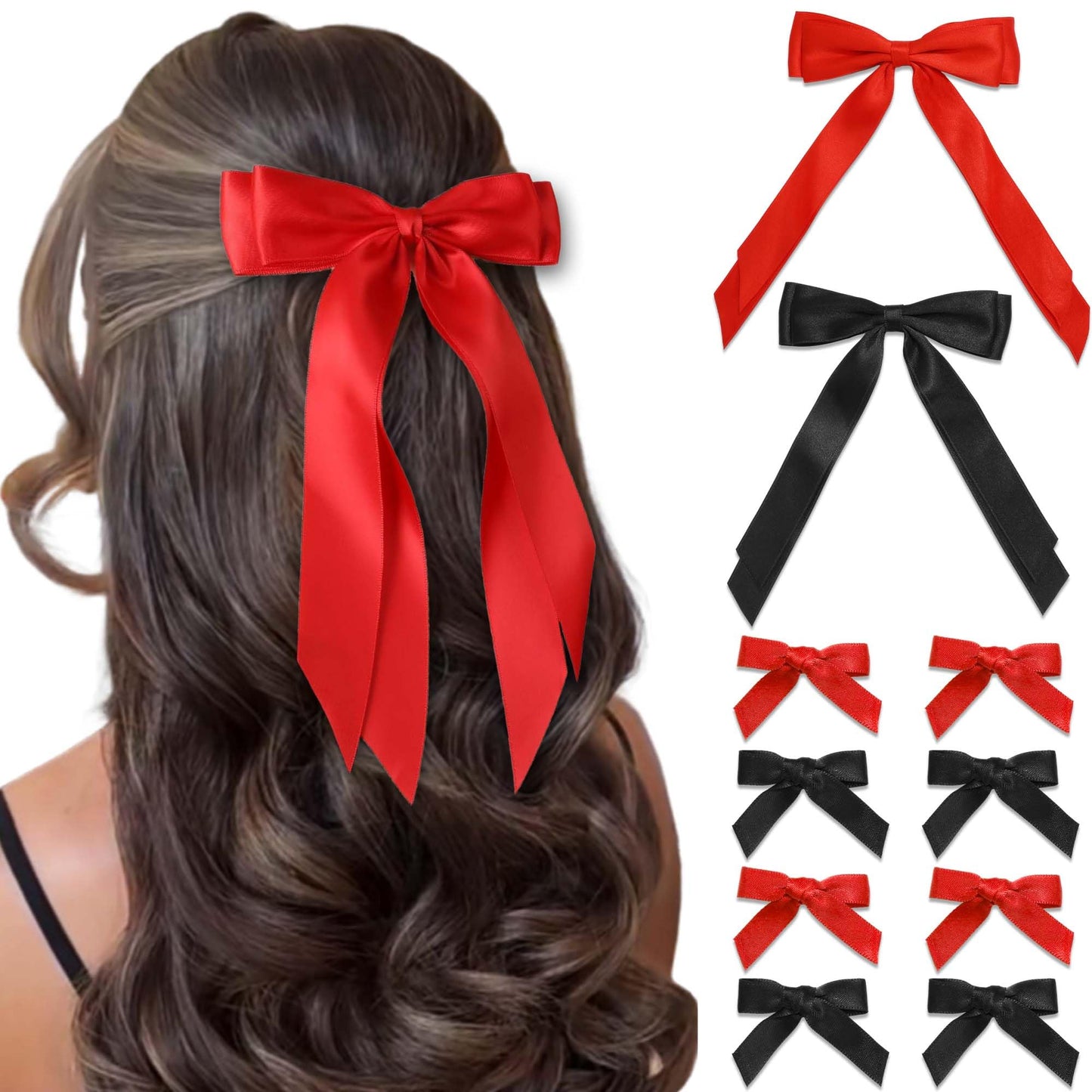 STGDAK Valentine's Day Hair Bows Ribbon Long Tails Double Layer Bow Clips Mini Bow Barrettes Small Bowknot Clip Ponytail Holder Black Red Hair Accessories For Girls Women Valentines Party Prom