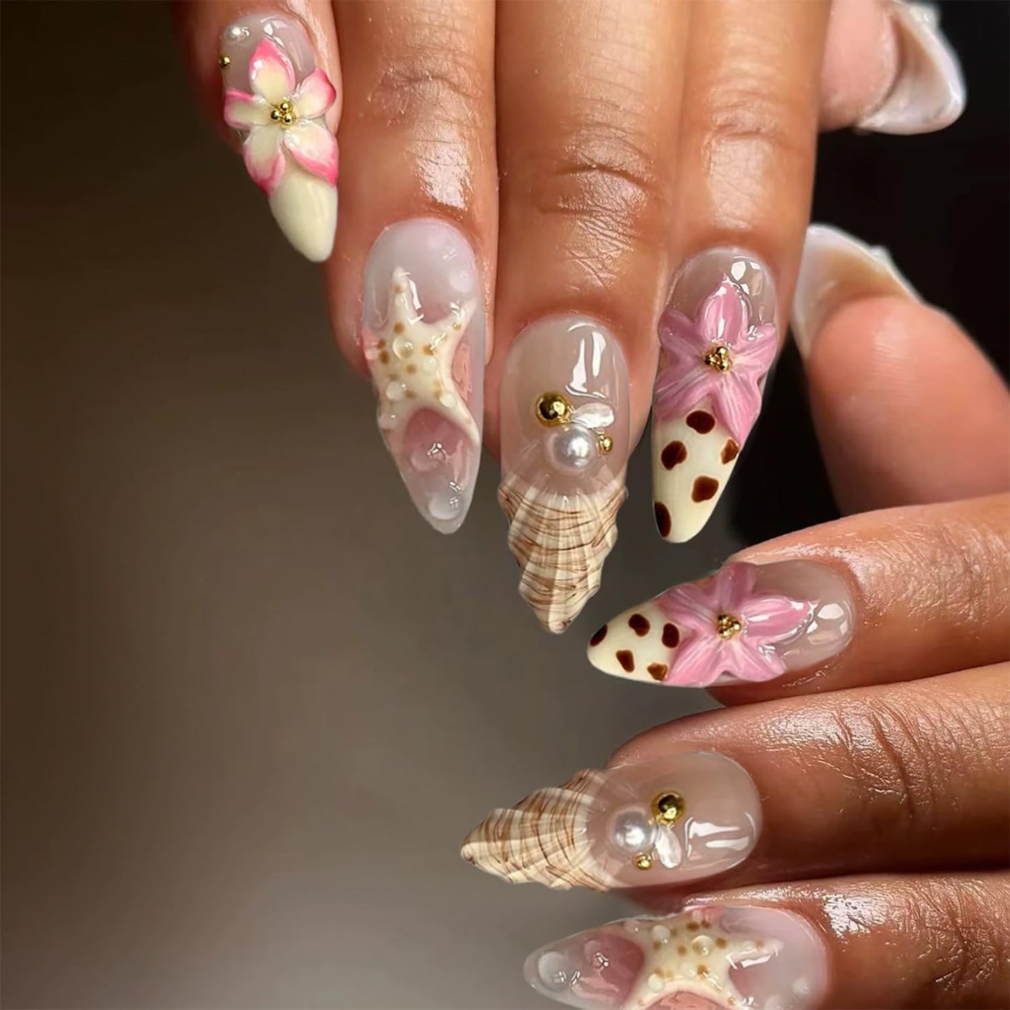 30 Pcs Summer Press on Nails Beach Fake Nails with Cute Flower Ocean Jellyfish Starfish Pattern Design Pearl Full Cover Almond False Nails Reusable for Women Summer Beach DIY Manicure Decoration