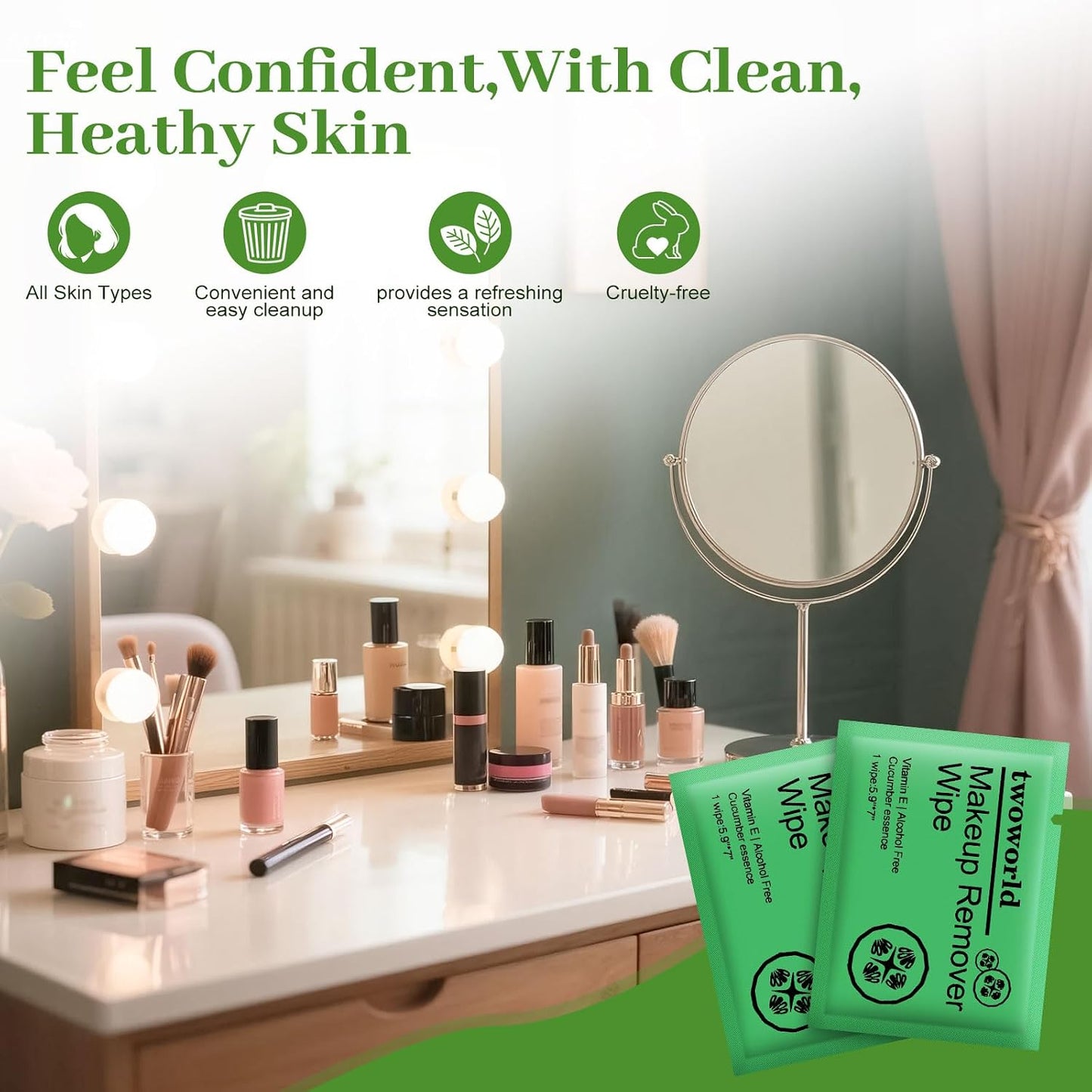 Makeup Remover Wipes - Gentle Travel Cleansing Wipes for Face | Individually Wrapped, Cucumber Scent, Pack of 50
