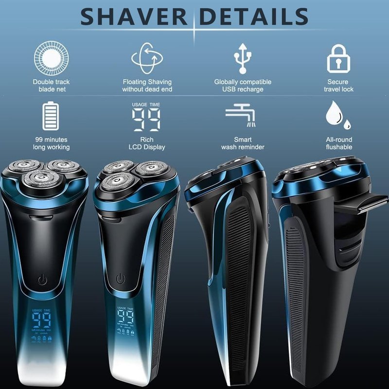 Electric Razor for Men - 4D Floating Head Rotary Shaver with LCD Display | Waterproof & Quiet Motor (Blue)