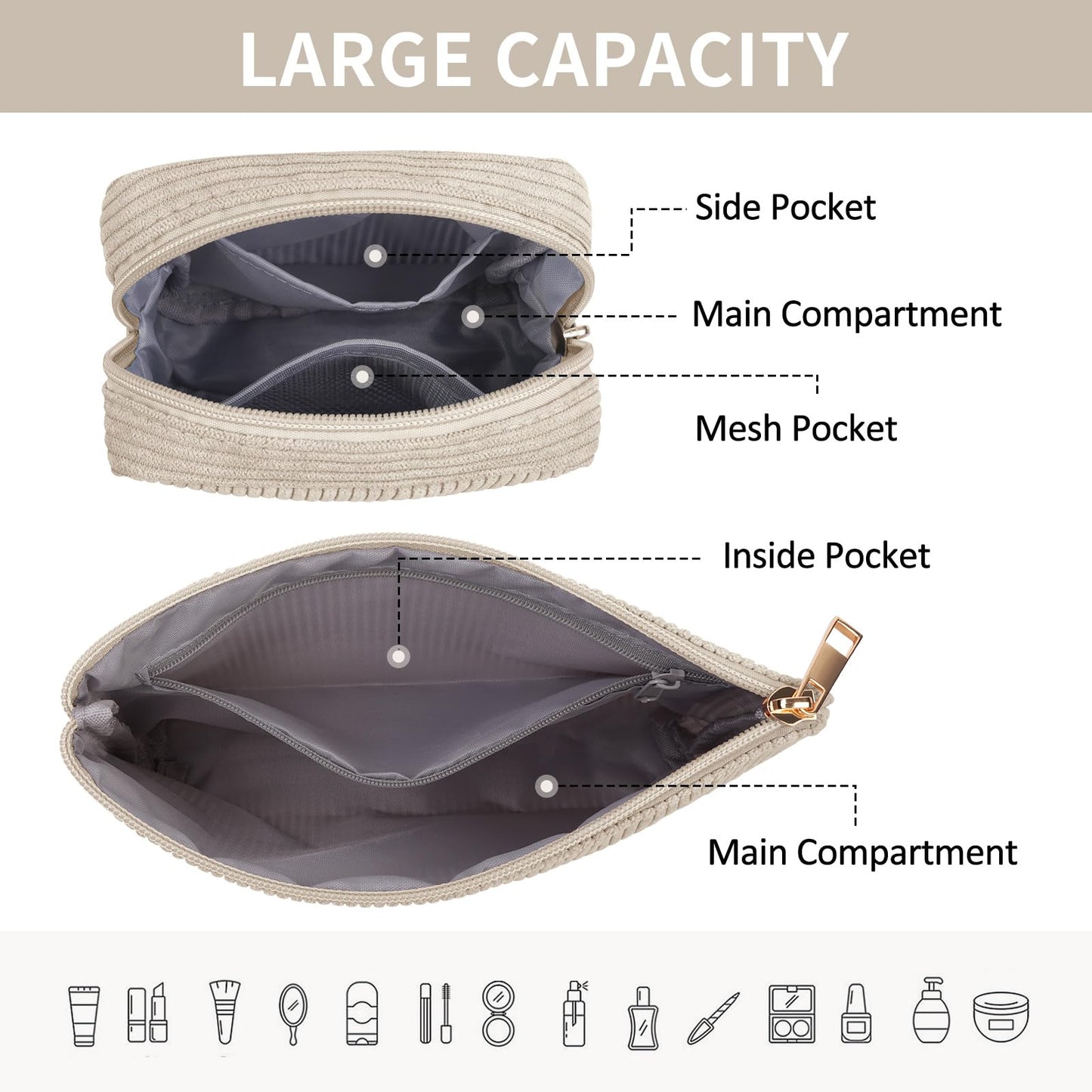 MAGEFY Small Makeup Bag, 2 Pcs Corduroy Makeup Bag for Purse Make Up Organizer Bag Mini Pouch with Slip-in Pockets Aesthetic Preppy Stuff - Beige