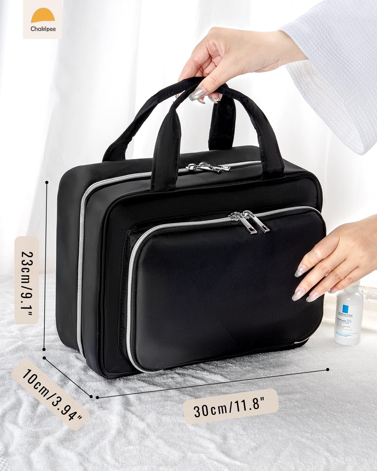 Chakipee Travel Hanging Toiletry Bag for Women - Waterproof Cosmetic Organizer with Clear Window, Lightweight Bathroom Bags for Essentials, Makeup, Shampoo, Toiletries Black,Large