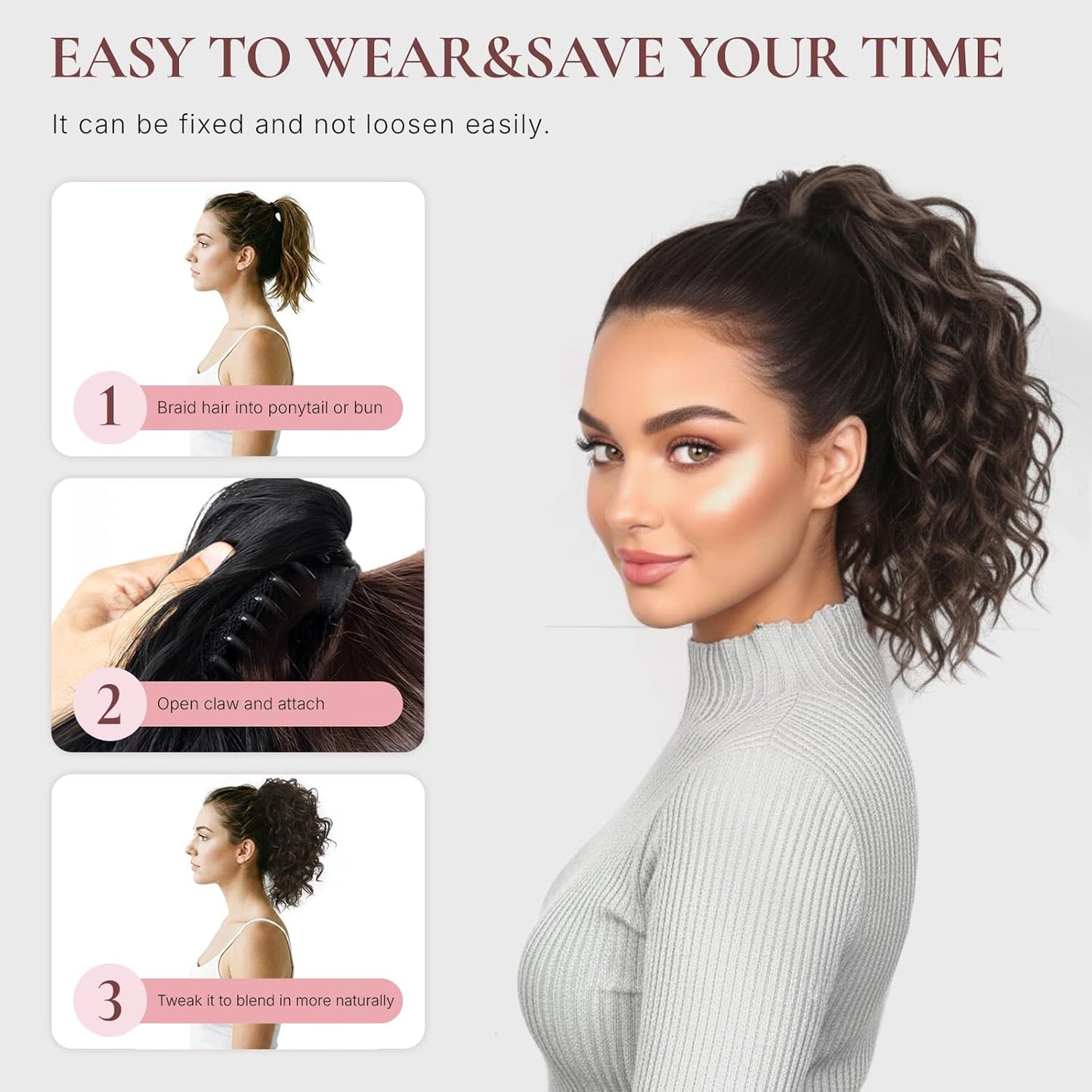 Claw Clip Ponytail Extension - 12 Inch Curly Synthetic Hair Extension | Chocolate Brown