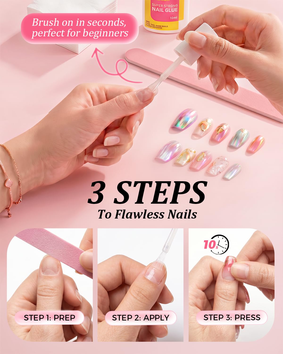 Nail Glue for Press-On & Acrylic Nails - Extra Strength Long-Lasting Hold | Quick Drying, 10ml