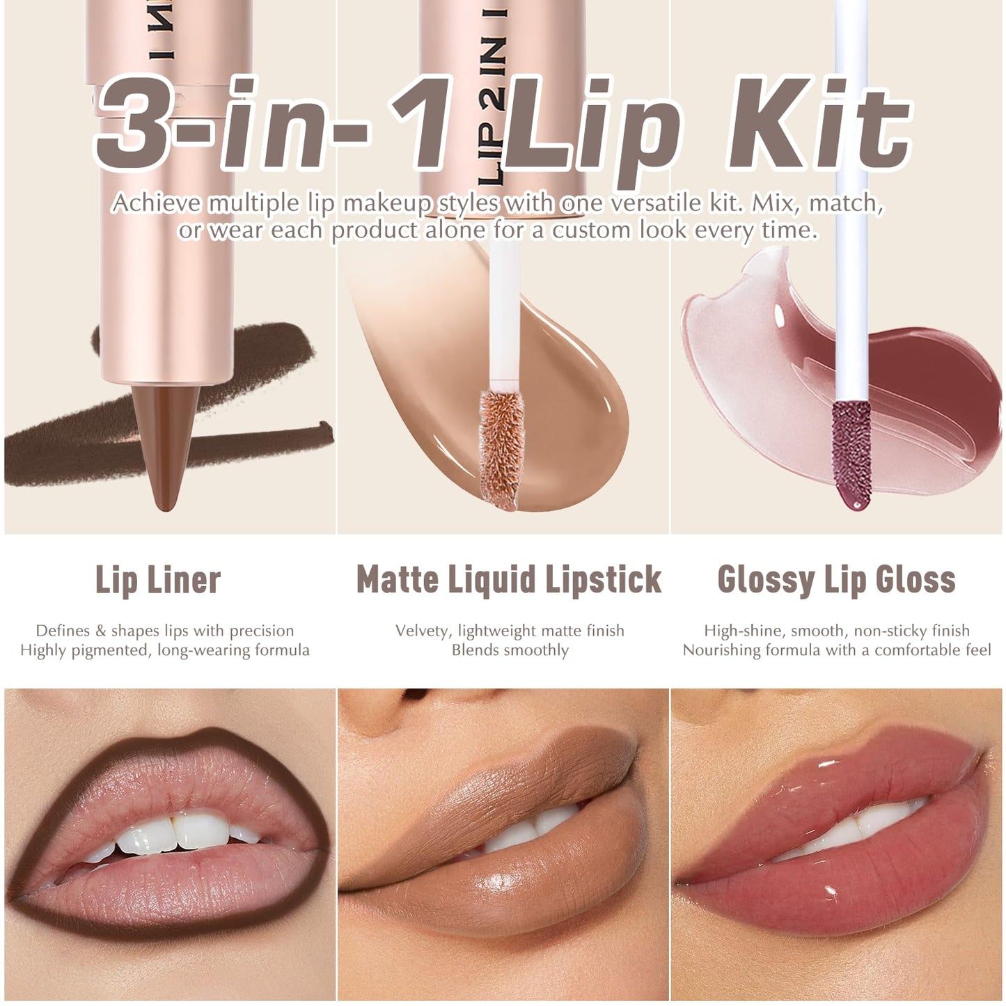 Wugbc Lip Liner and Gloss Set, 2 in 1 Lip Duo Brown Lip Liner Pencil Nude Liquid Lipstick with Nourishing Lip Gloss Smooth Plumping Lip Kit High Shine High Pigmented Lip Combo Makeup for Women