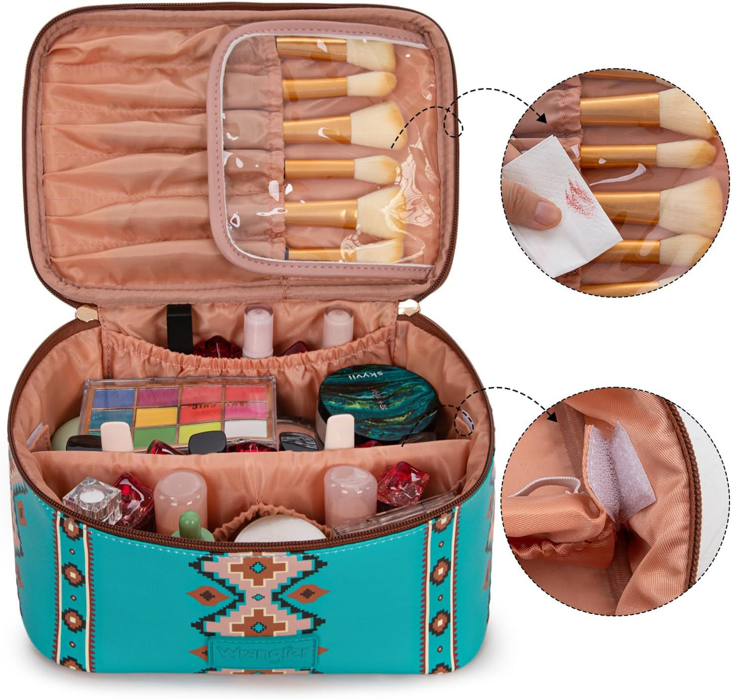 Montana West Travel Makeup Bag Set - Large Cosmetic Organizer with Brush Holder & Divider | Cute Aztec Design