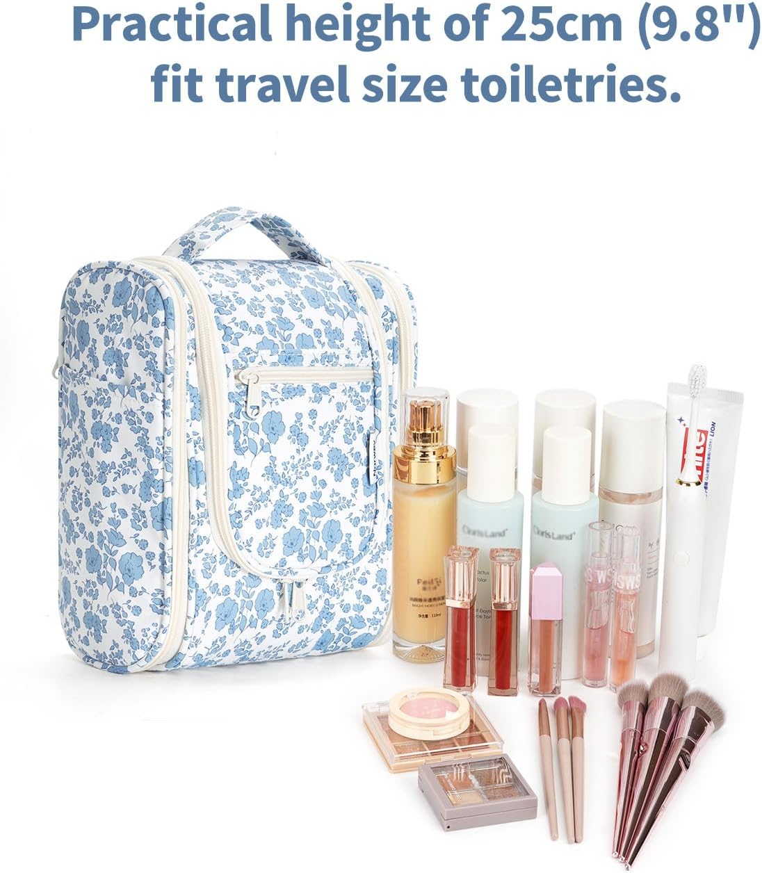 Narwey Hanging Toiletry Bag - Travel Makeup Organizer for Women | Medium Blue Floral Design