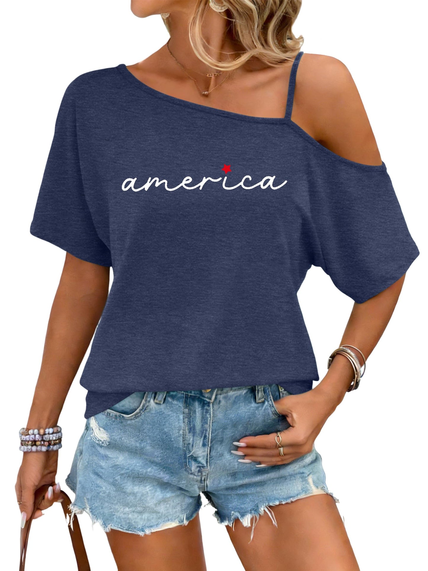 PECHAR 4th of July Shirts Women USA Patriotic Off Shoulder T Shirt American Flag Spaghetti Strap Tees Loose Fit Tops