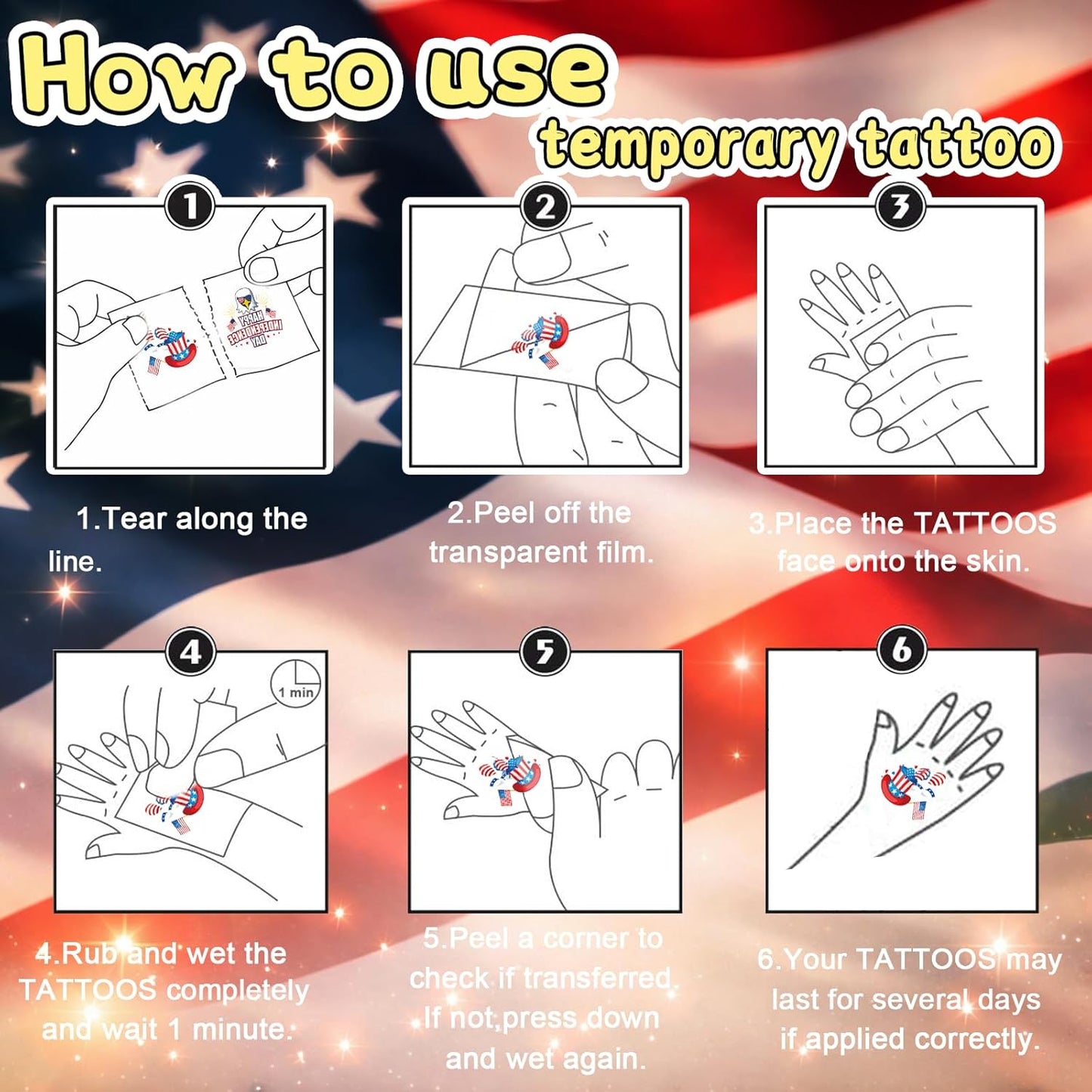 4th of July Temporary Tattoos - 320 Pcs USA Patriotic Stickers | Waterproof Red, White & Blue Face and Body Decor