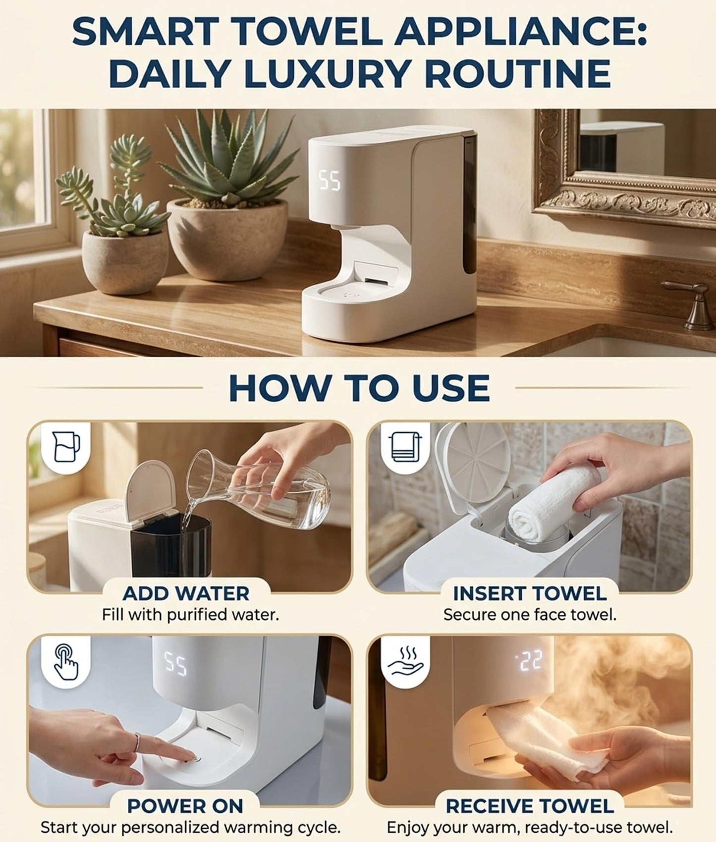 Hot Face Towel Heater Machine Smart Hot Face Towel Dispenser 5-Second Rapid Heating Automatic Heating & Dispensing 55°C(131°F) Constant Temp 20 Compressed Towels for Facials Spa Cleaning(60pcs Towel)
